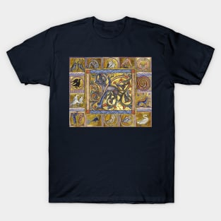 MEDIEVAL BESTIARY,ANTELOP WITH HORNS, FANTASTIC ANIMALS IN GOLD RED BLUE COLORS T-Shirt